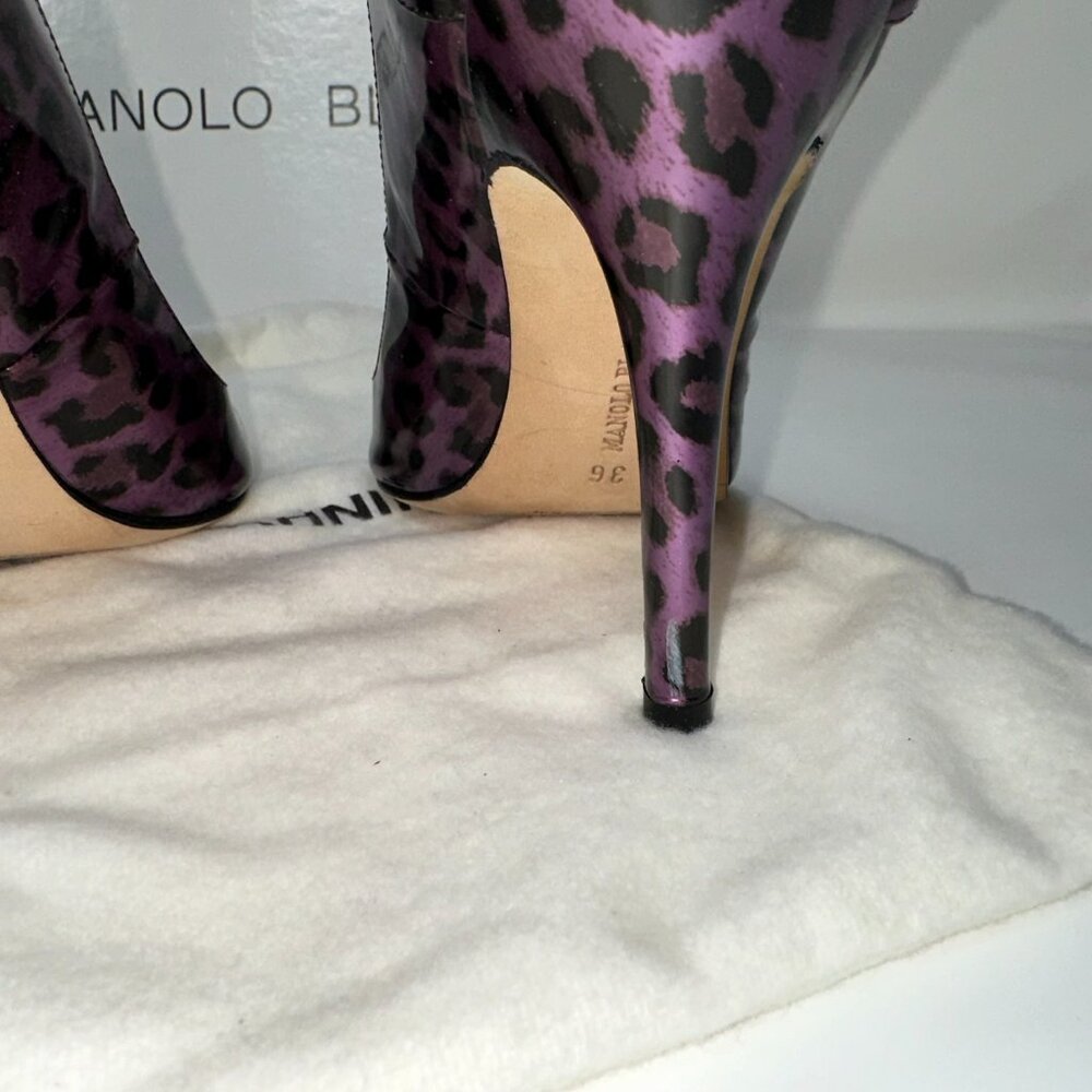 Manolo Blahnik Size 36 / 6 Patent Leather Purple & Black Leopard Print Heels NEW - Picture 6 of 6